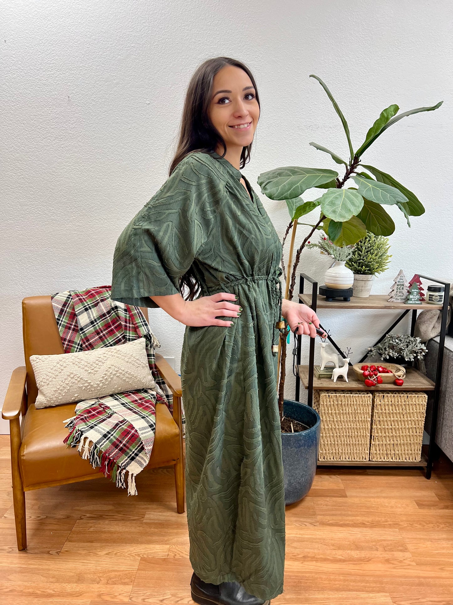 Olive Textured Midi Dress