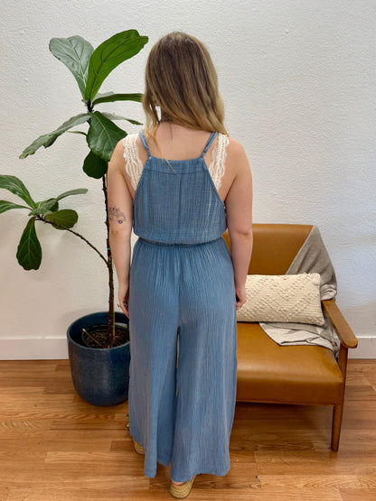 Washed Blue Gauze Jumpsuit