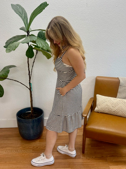 White/Navy Stripe Tiered Dress