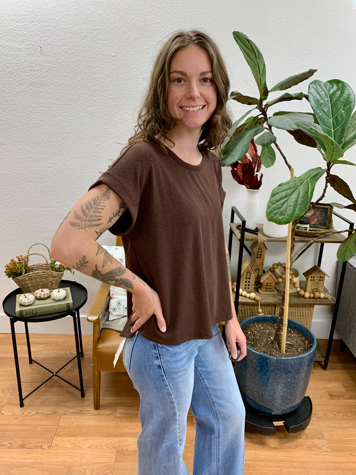 Chocolate Relaxed Top With Cuff Sleeves