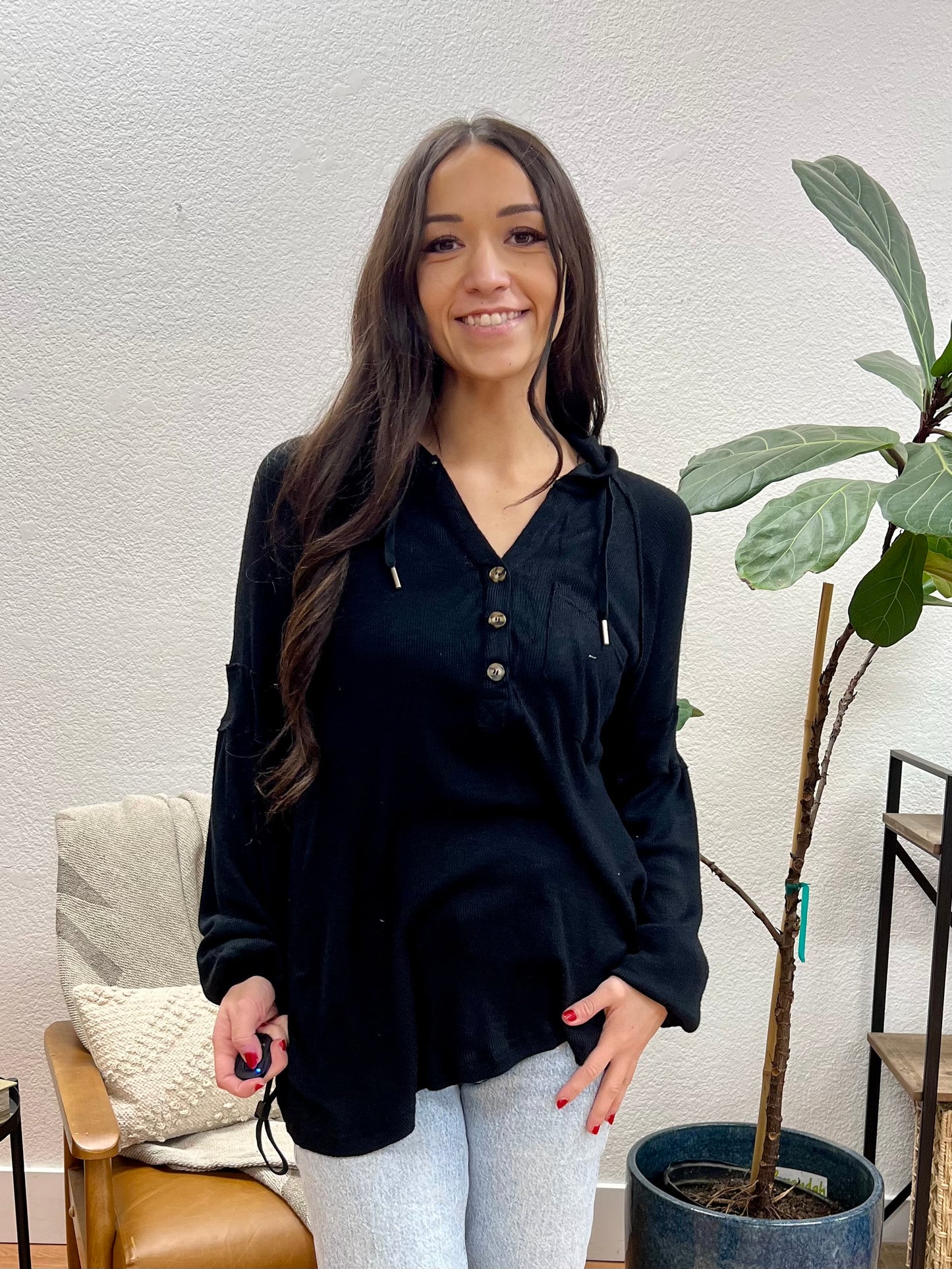 Black Knit Henley Hoodie