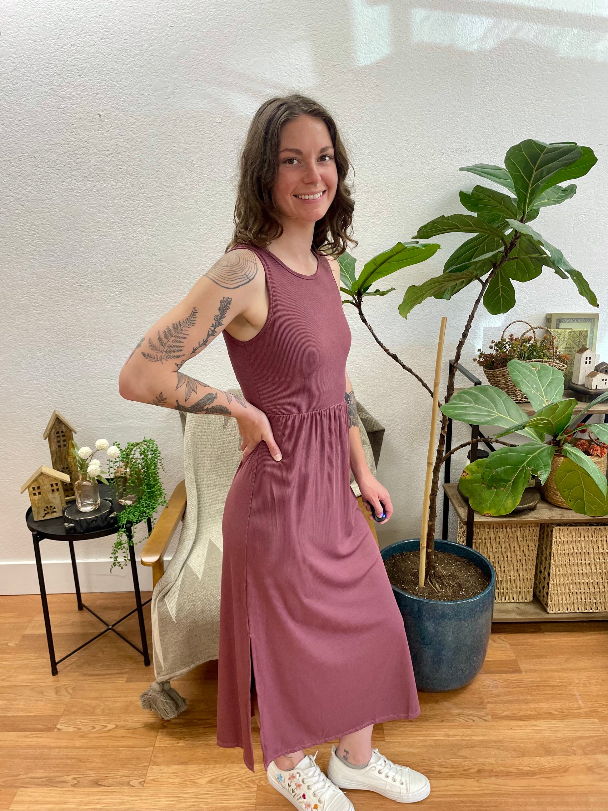 Mauve Ribbed Side Slit Tank Dress - Terra Cottage