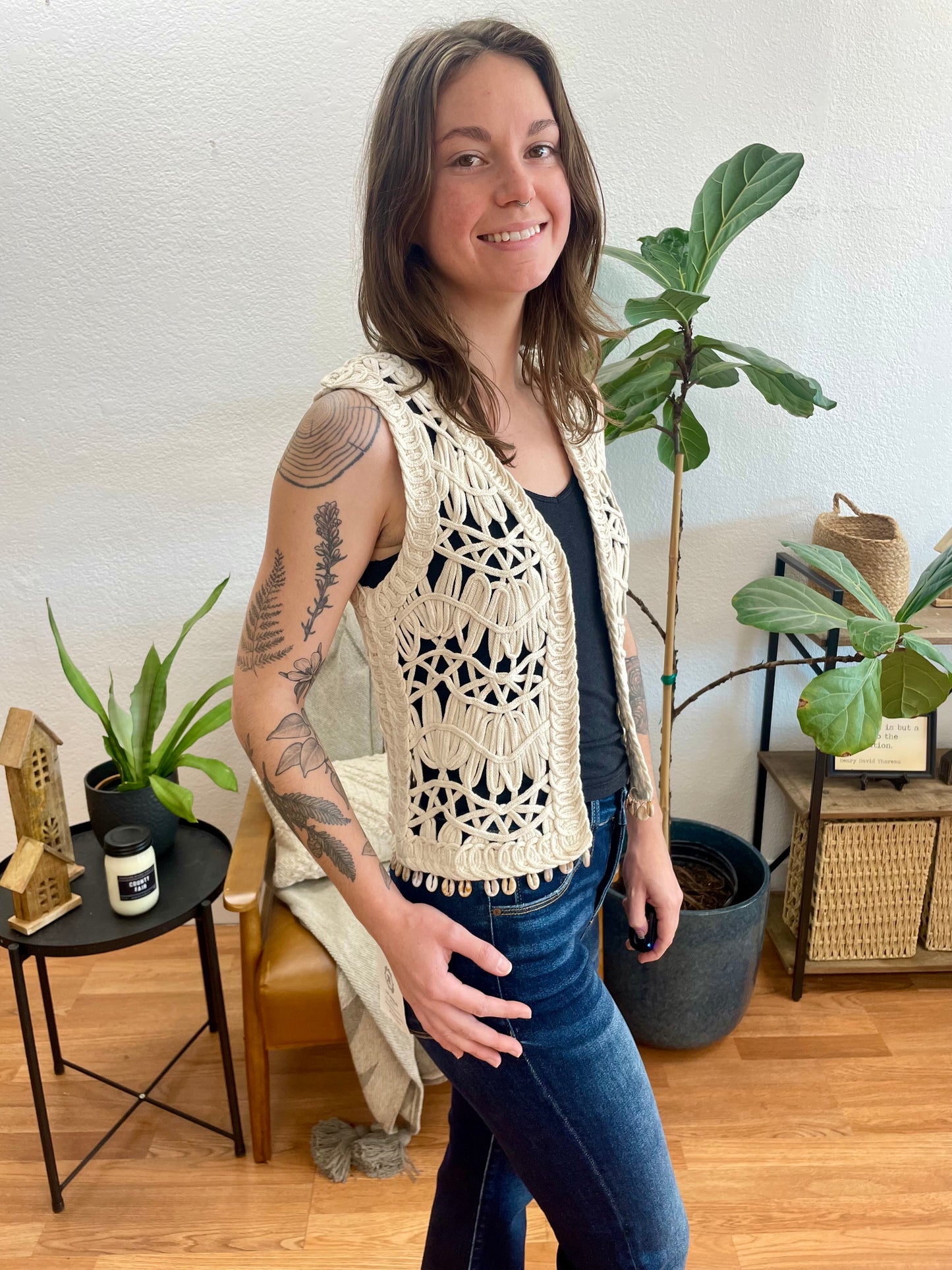 Beige Knitted Open Front Vest - Terra Cottage