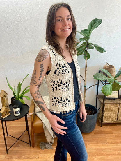 Beige Knitted Open Front Vest - Terra Cottage