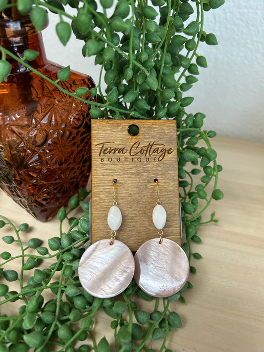 Pink Bead & Shell Disc Dangle Earrings