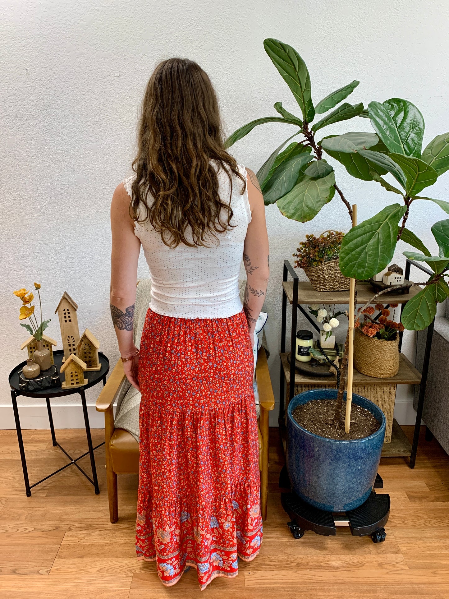 Red Border Print Maxi Skirt