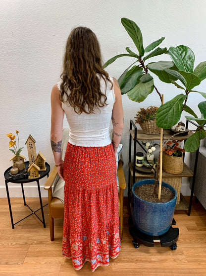Red Border Print Maxi Skirt