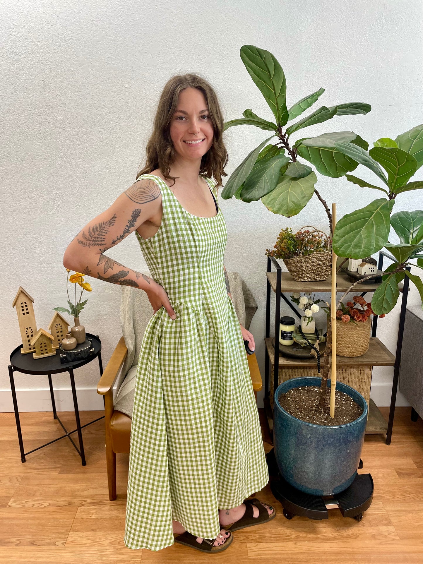 Green Plaid Basque Waist Midi Dress