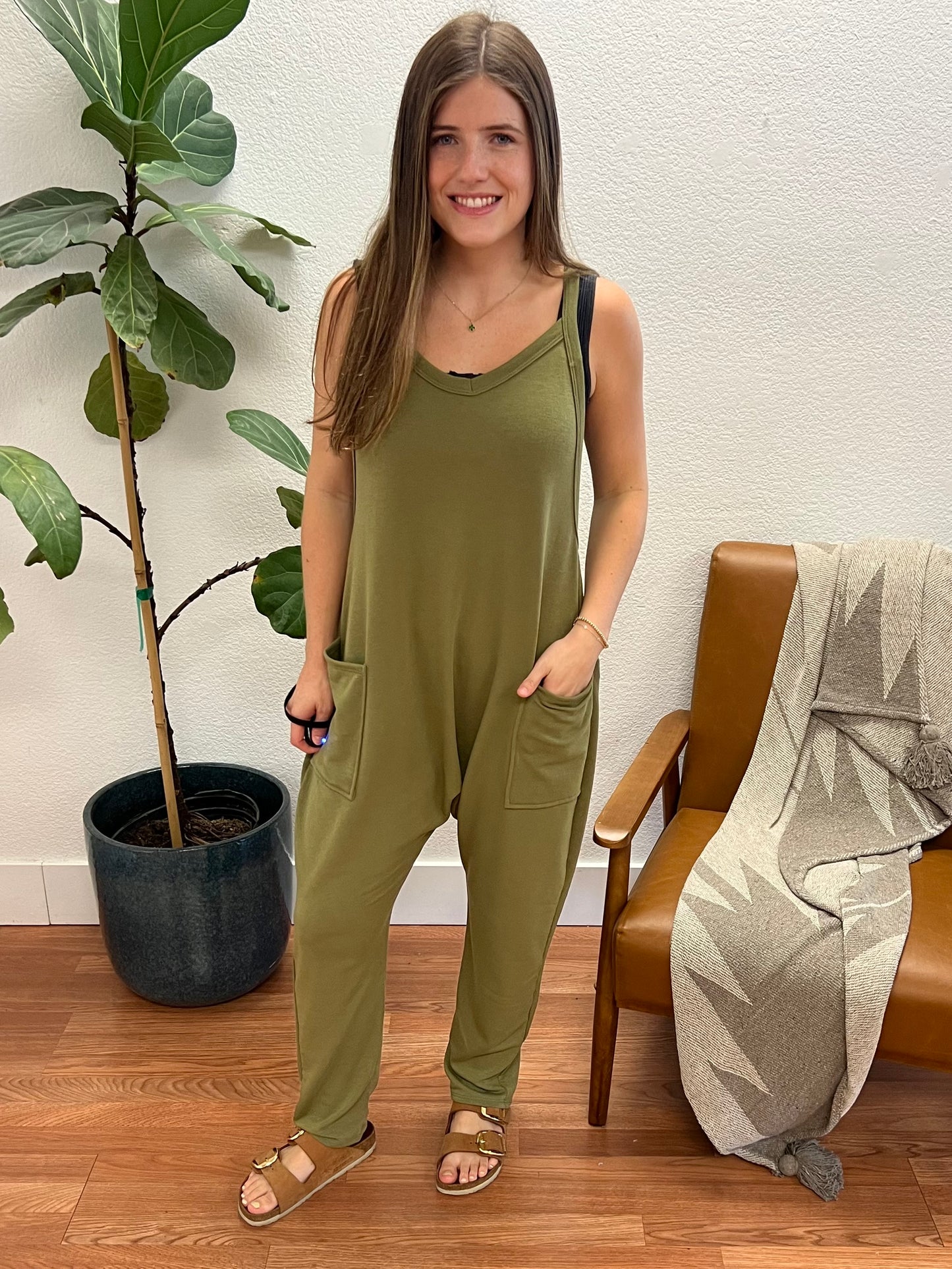 Olive V-Neck Jumpsuit with Pockets