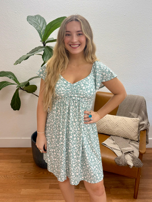 Sage Floral Ribbed Sweetheart Dress