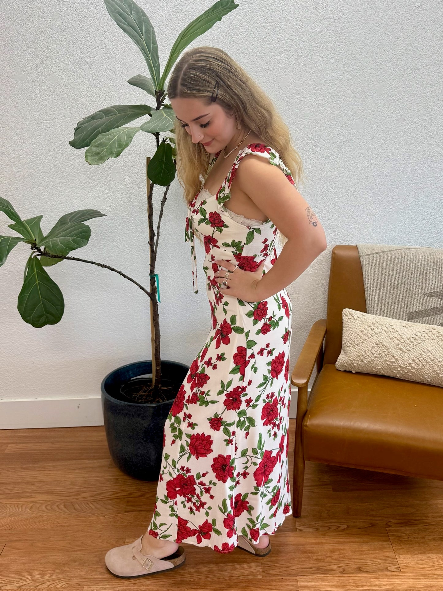 Cream Floral Cut Out Midi Dress