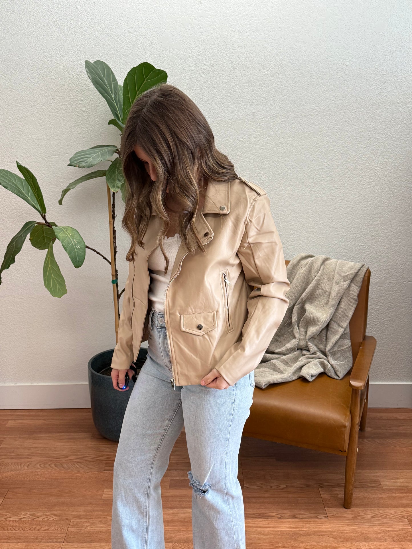 Beige Faux Leather Moto Jacket