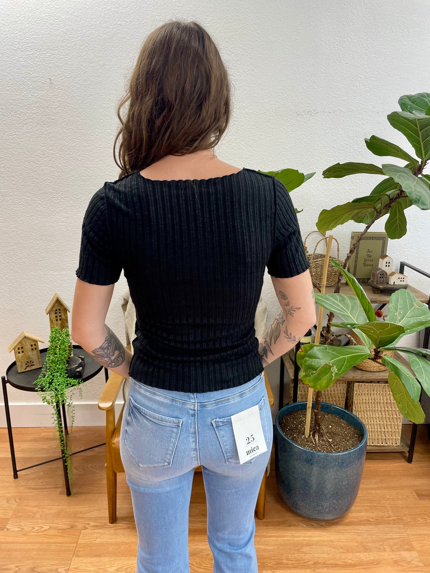 Black Lettuce Hem Textured Top