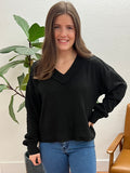 Black Relaxed Soft Knit V Neck Top
