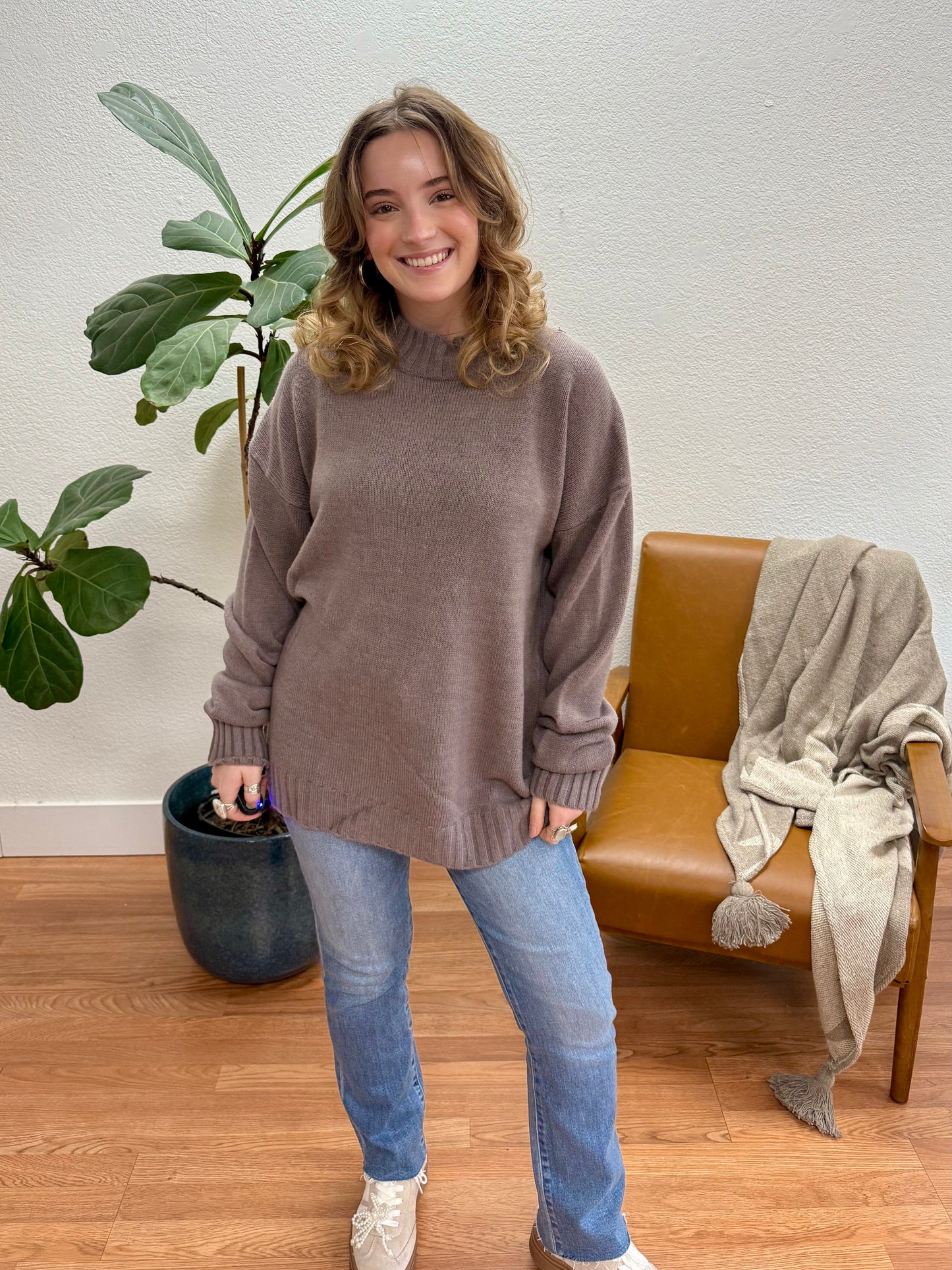 Mauve Ribbed Loose Fit Sweater