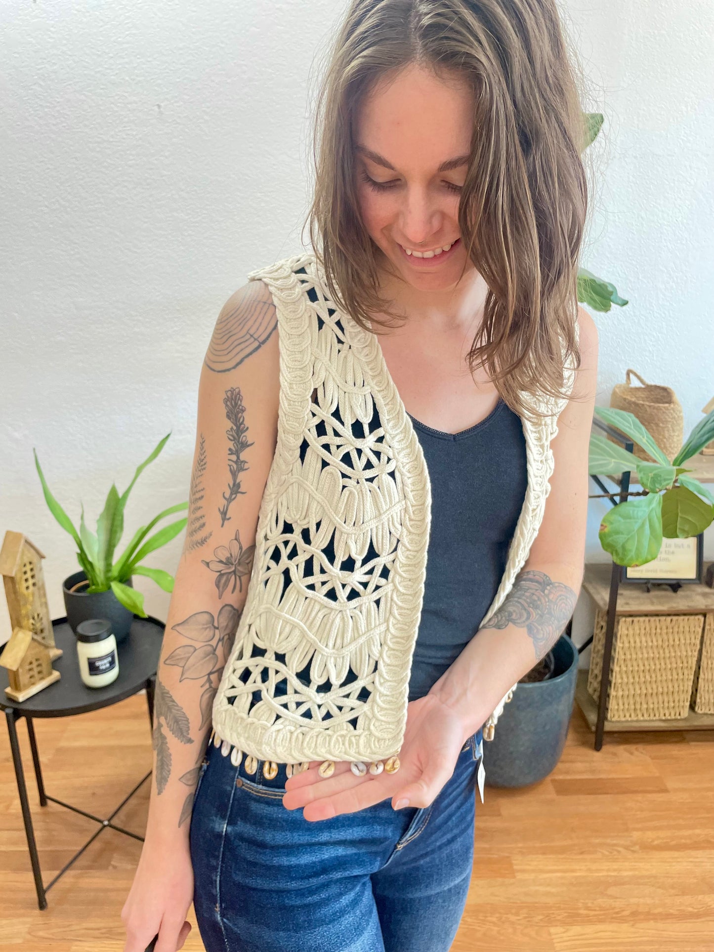 Beige Knitted Open Front Vest - Terra Cottage