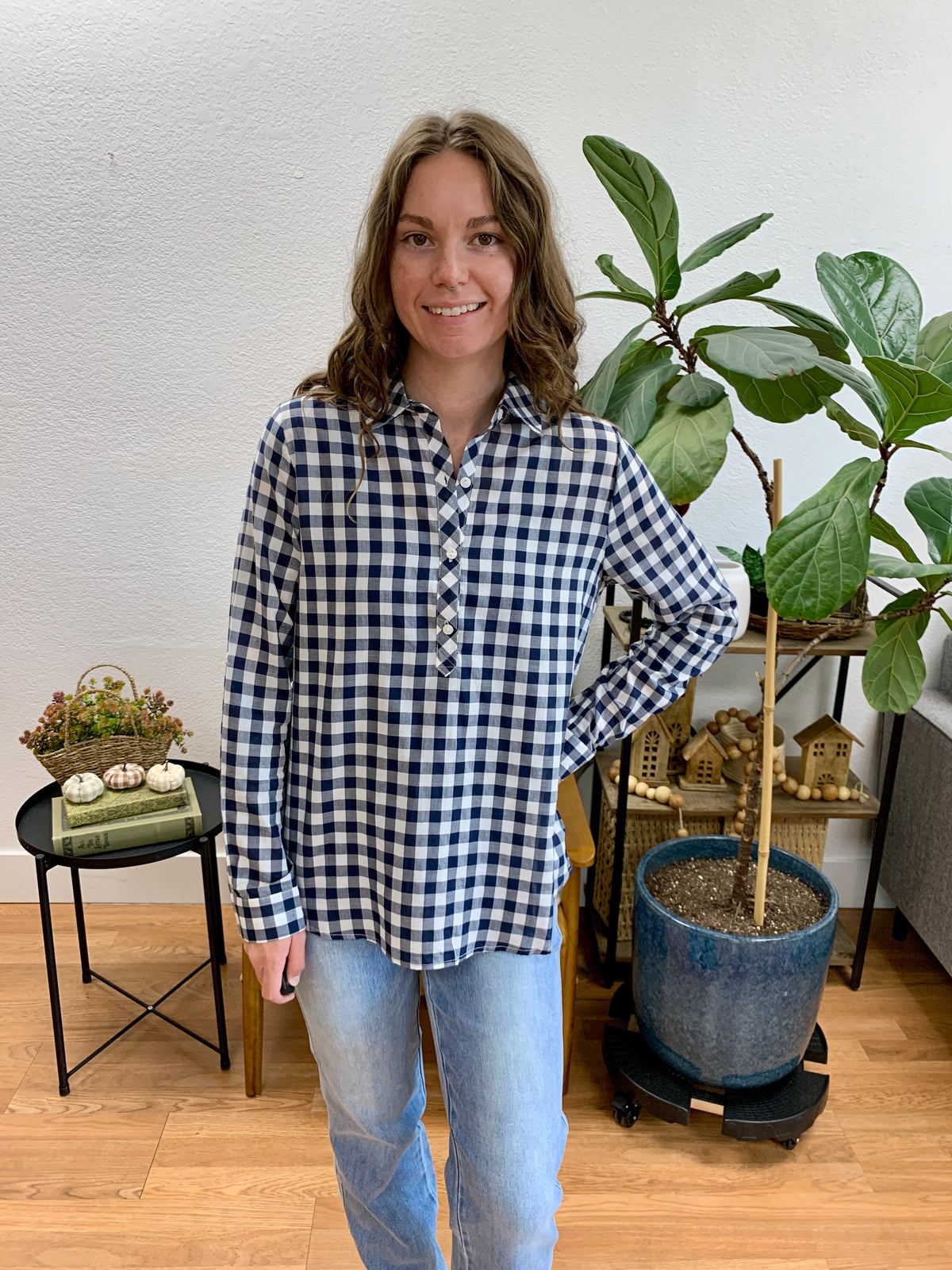 Navy Half Placket Gingham Shirt