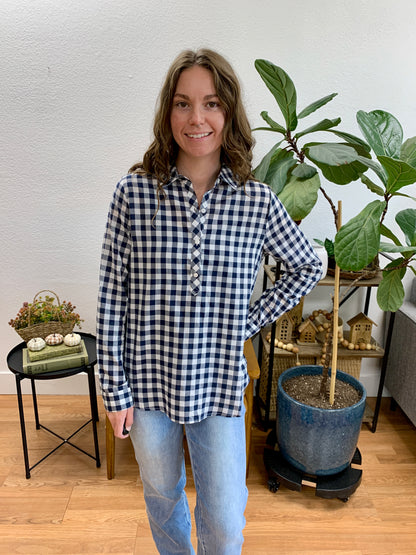 Navy Half Placket Gingham Shirt