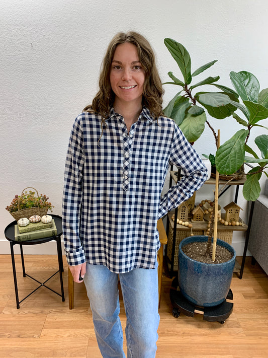 Navy Half Placket Gingham Shirt