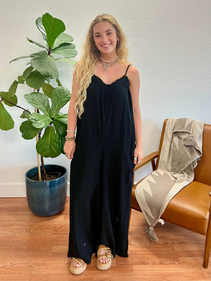 Black Frayed Detail Gauze Wide Leg Jumpsuit