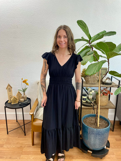 Black V-Neck Shirred Midi Dress