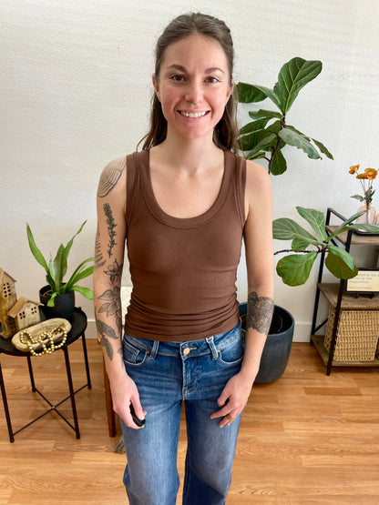 Brown Ribbed Scoop Neck Tank - Terra Cottage