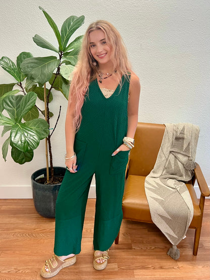 Forest Green Textured Knit Jumpsuit