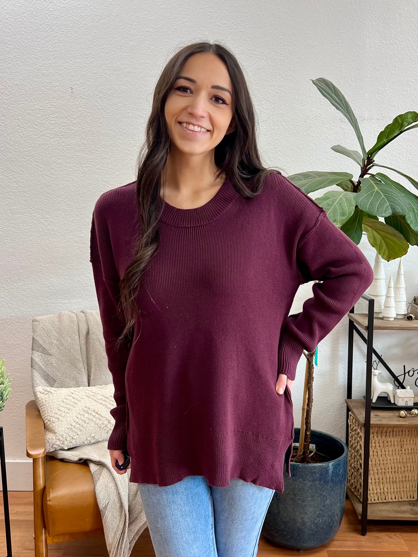 Merlot Ribbed Exposed Seam Sweater
