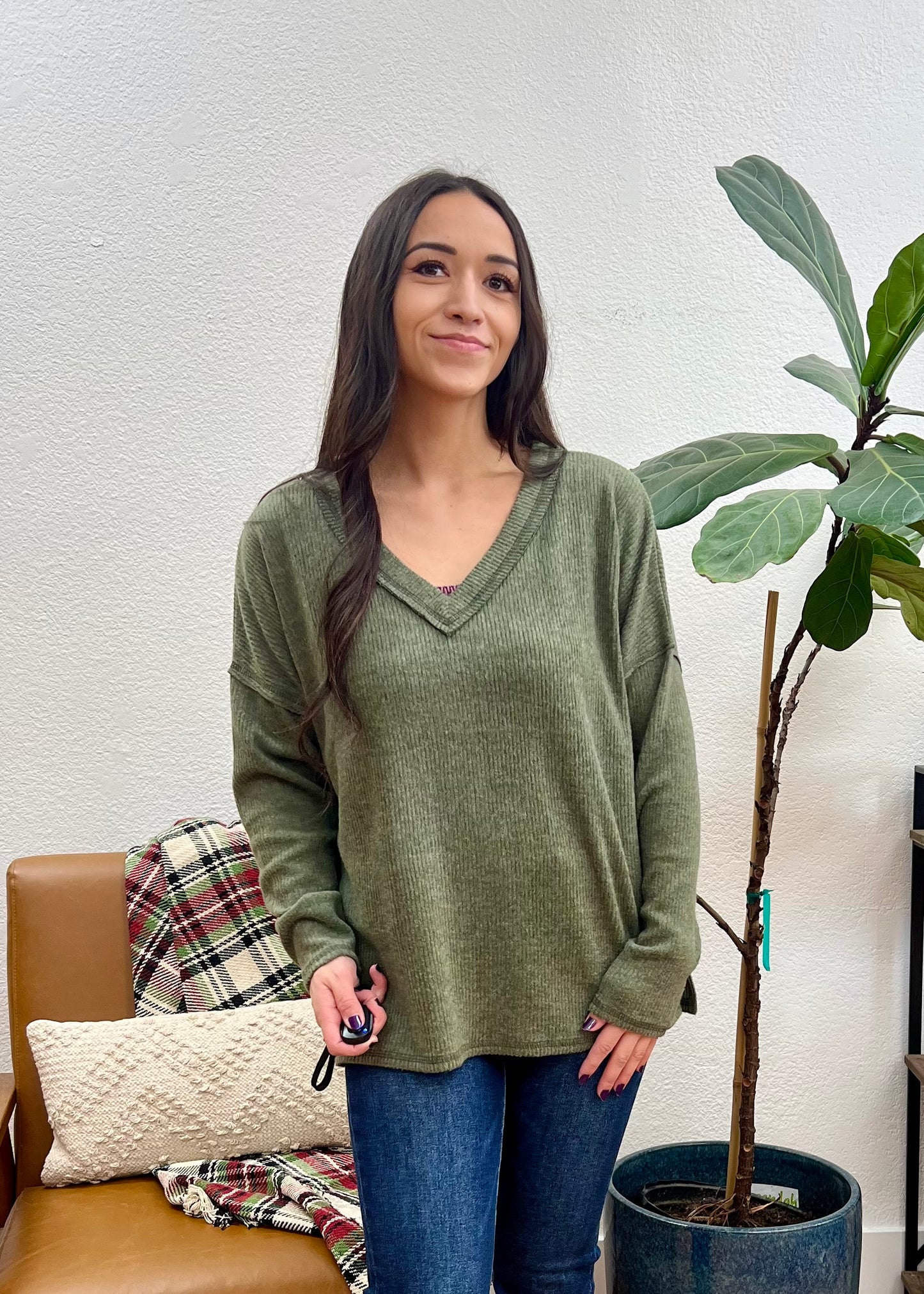 Olive V Neck Drop Shoulder Top