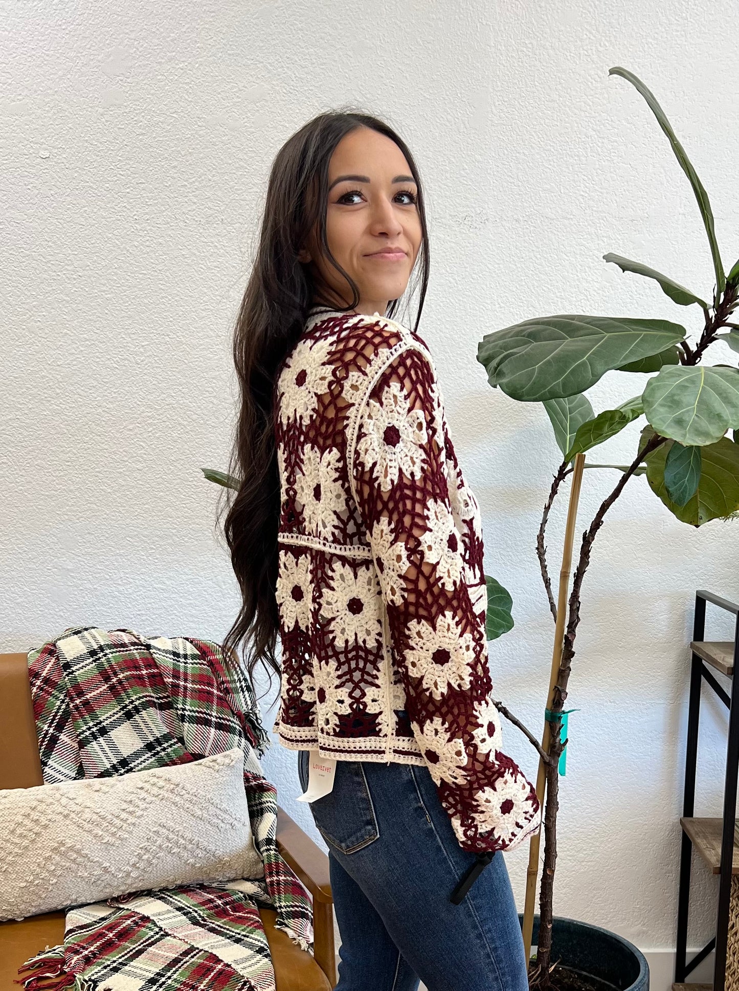 Burgundy Daisy Crochet Cardigan