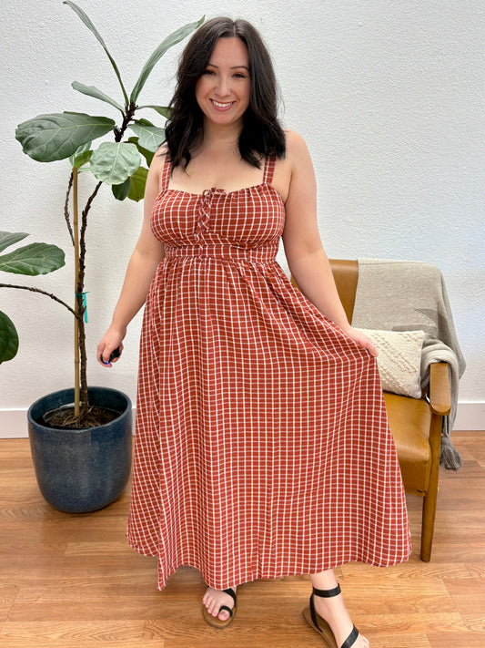 Brick Plaid Corset Midi Dress