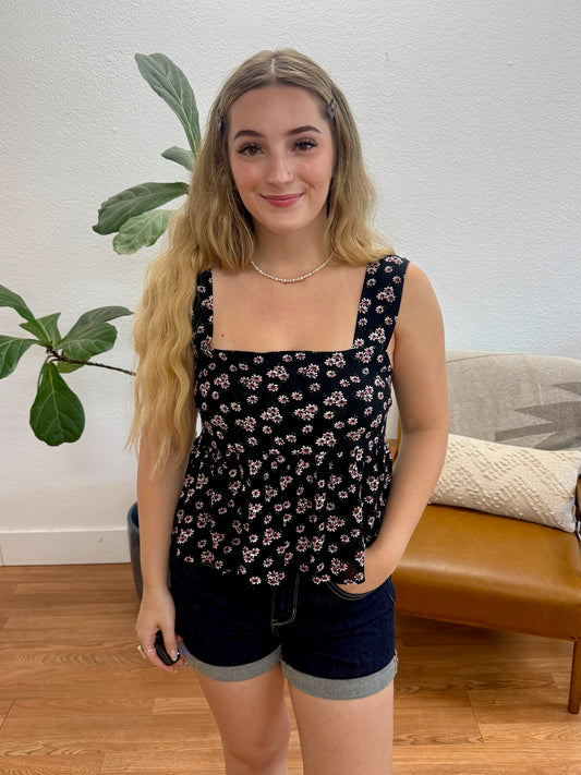 Black Floral Gauze Crop Top