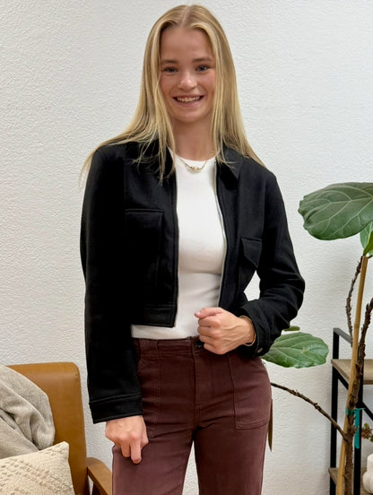 Black Flat Pocket Zip Up Jacket
