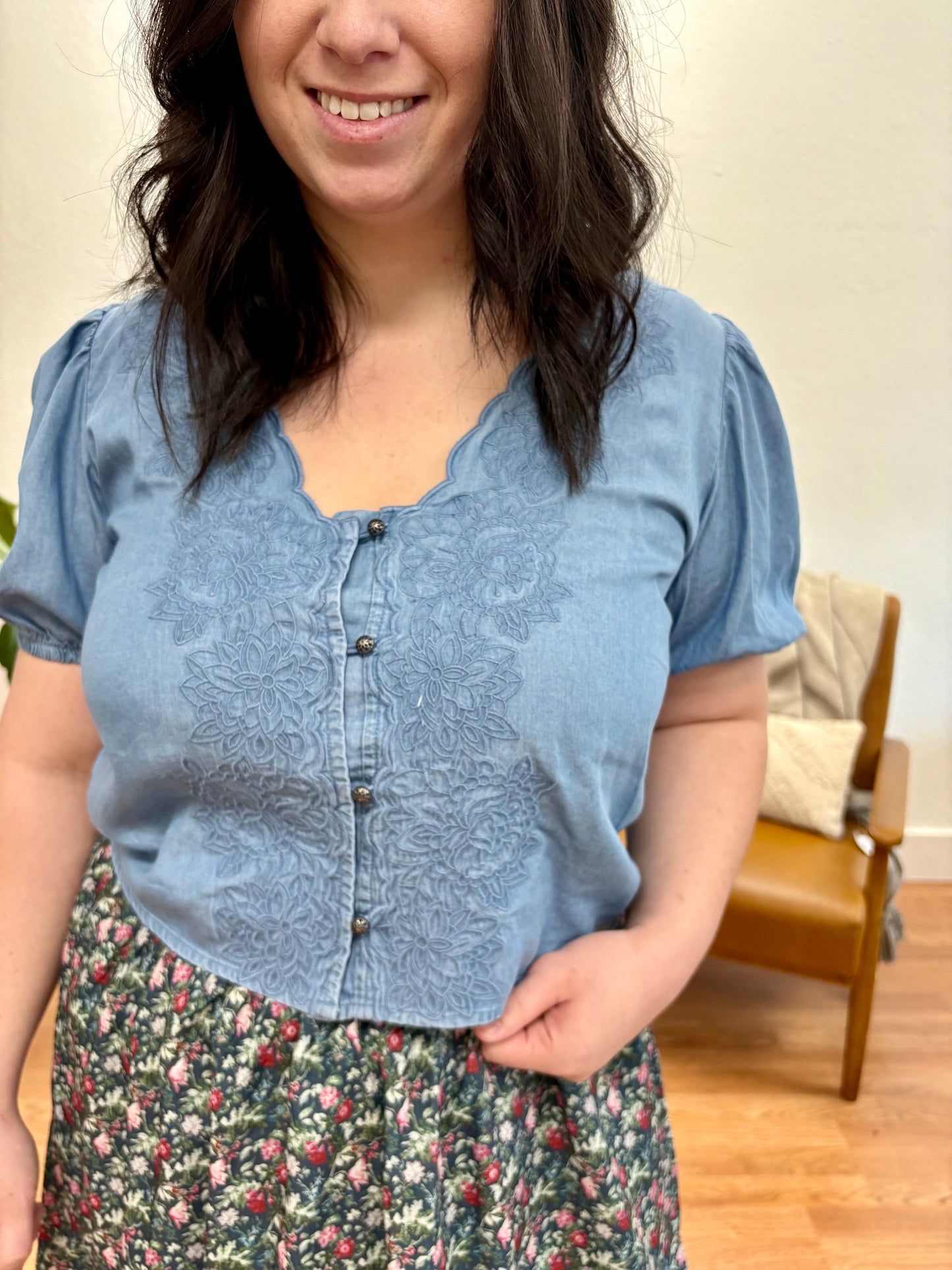 Chambray Scallop Embroidered Button Down Top