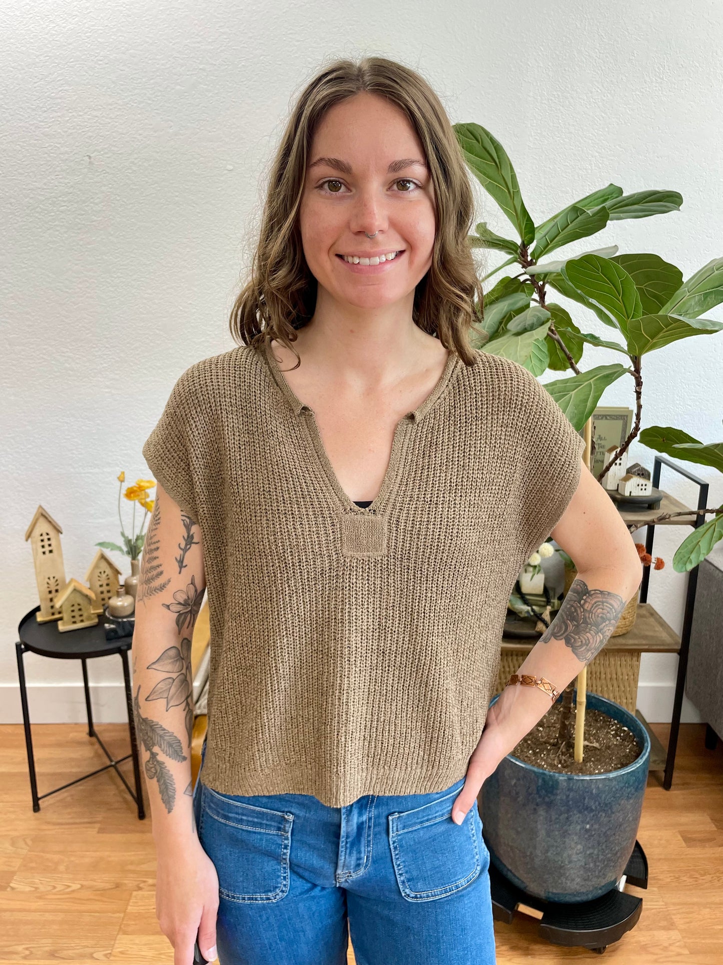 Mocha Split Neck Knit Top