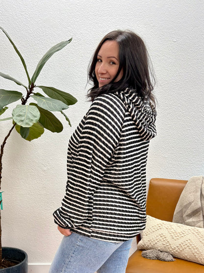 Black/Cream Stripe Ribbed Hoodie