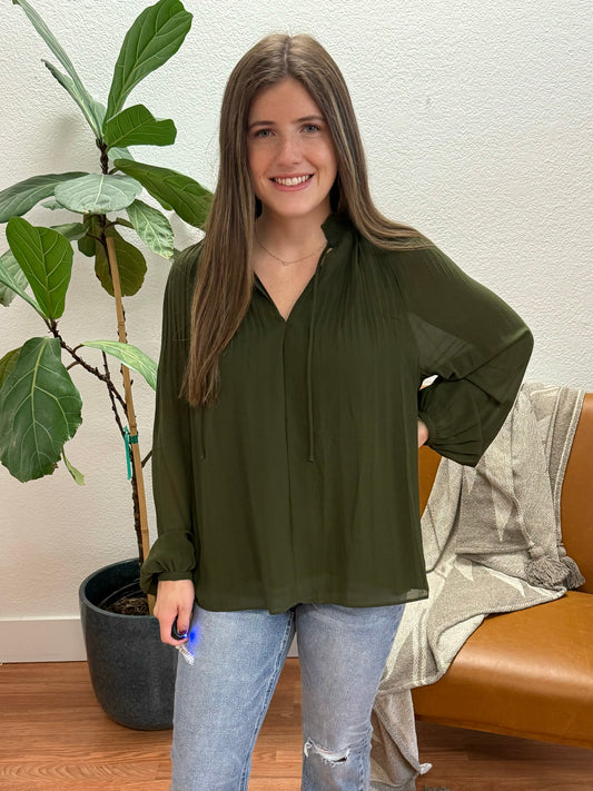 Olive Balloon Sleeve Blouse