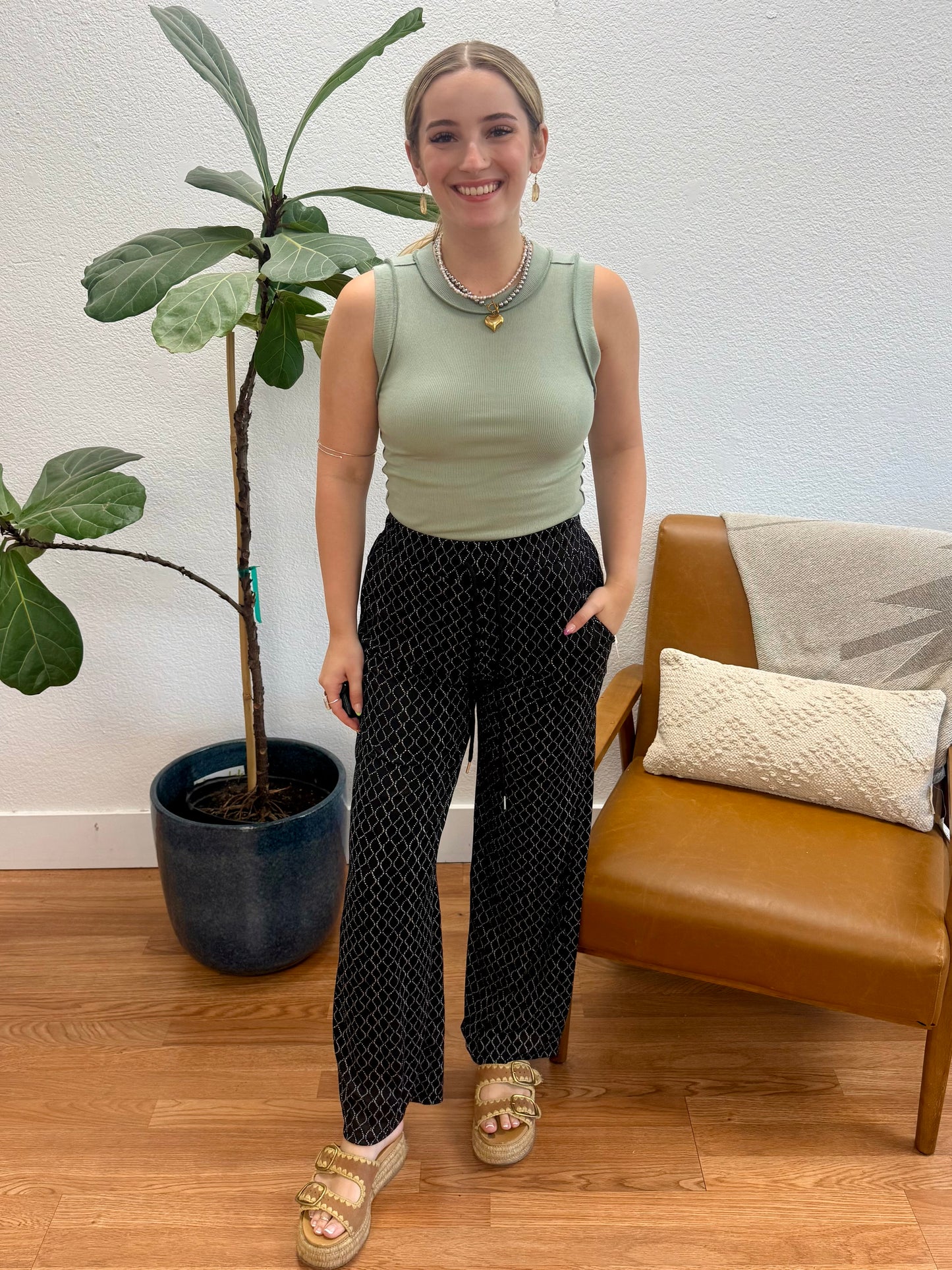 Black Geometric Ribbed Pants