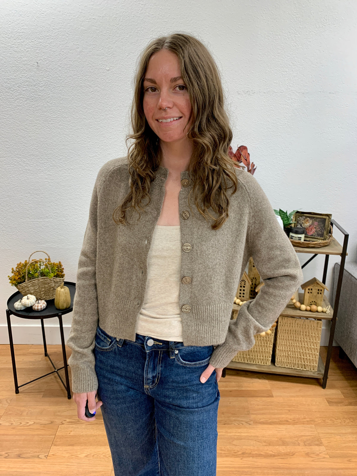 Taupe Round Neck Cardigan