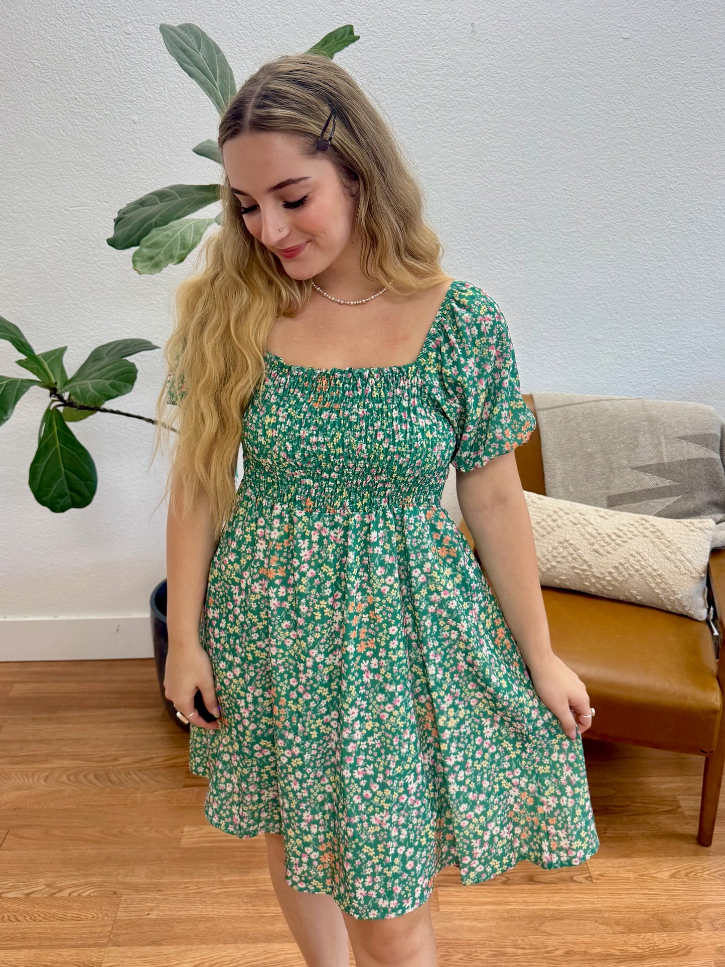 Teal Ditsy Floral Babydoll Dress