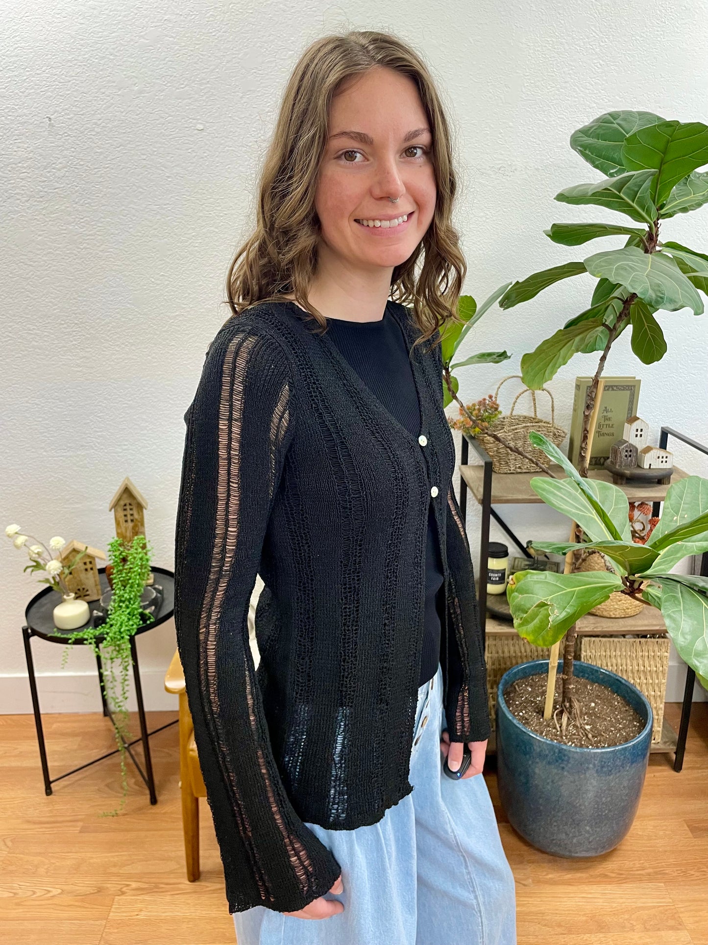 Black Open Knit Cardigan