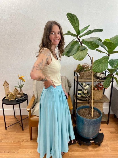 Teal Box Pleated Midi Skirt