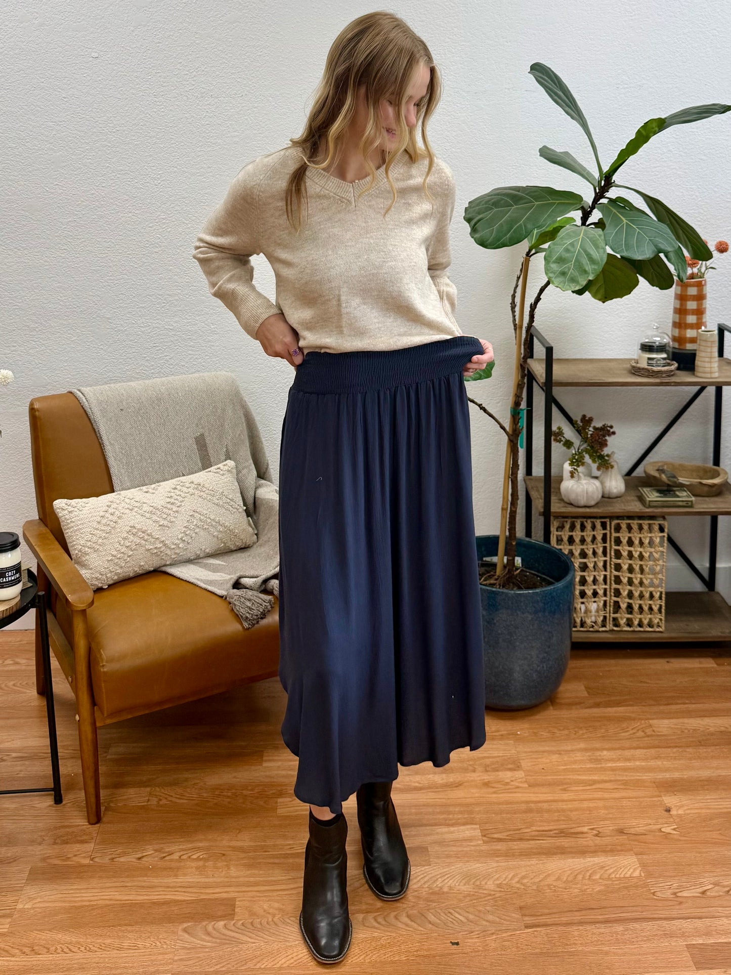 Midnight Smocked Waist Flowy Skirt