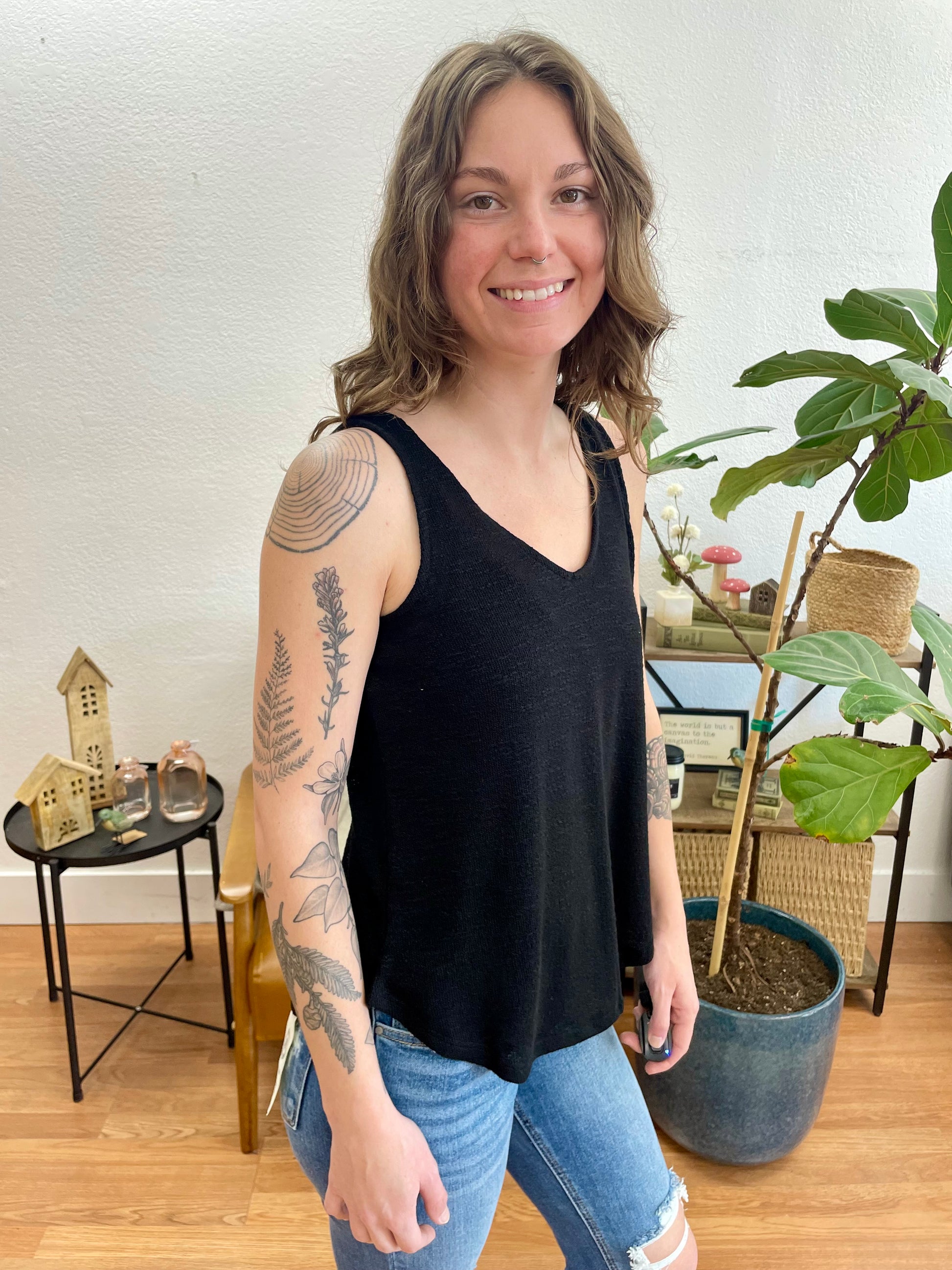 Black V-Neck Hacci Tank - Terra Cottage