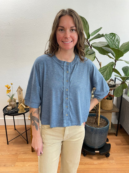 Slate Blue Round Neck Short Sleeve Sweater