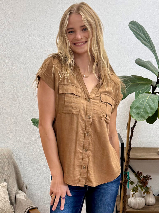 Deep Camel Washed Linen Button Down Top