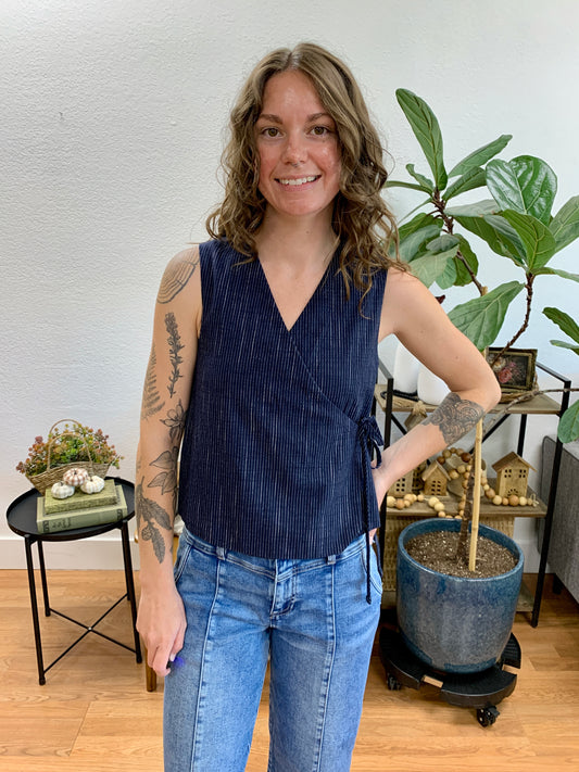 Navy Sleeveless Surplice Stripe Gauze Top