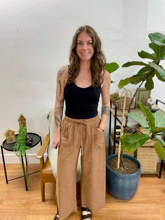 Brown Raw Hem Drawstring Pants
