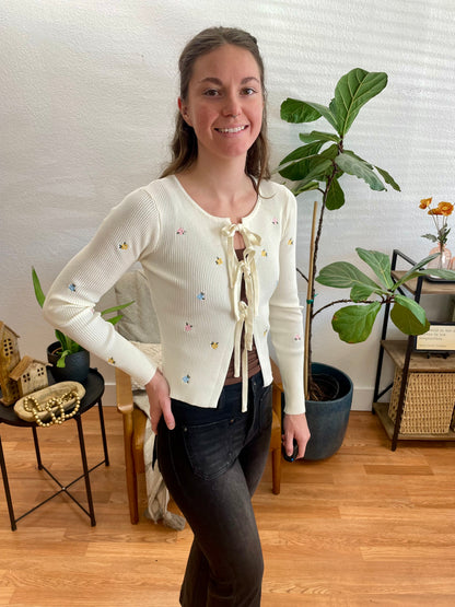 Floral Embroidery Tie Front Cardigan - Terra Cottage