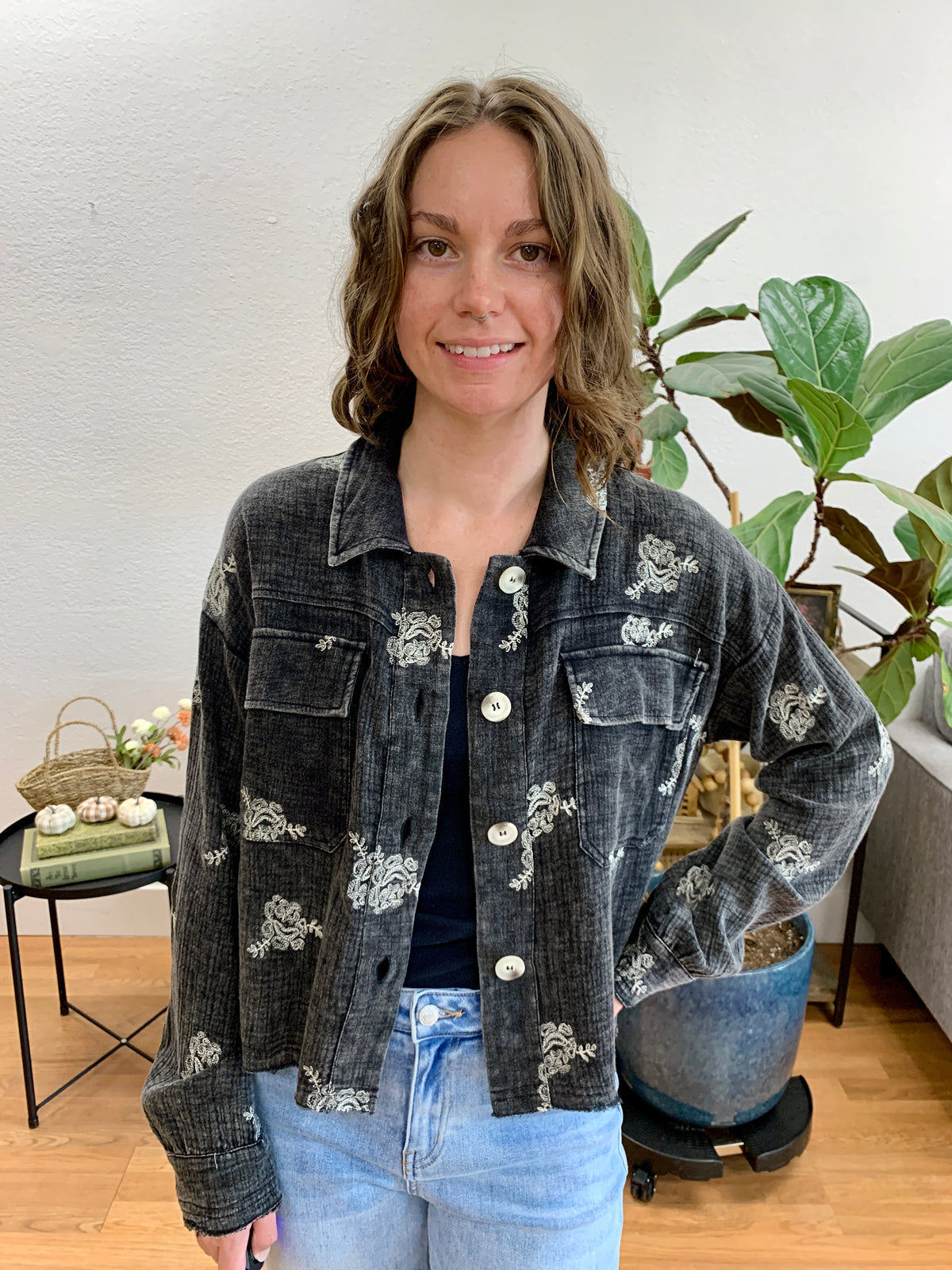 Washed Black Embroidered Jacket